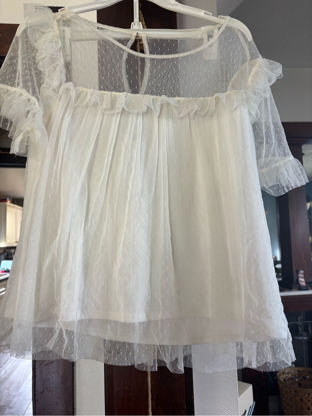 Sheer Dot Mesh Ruffle blouse - White
